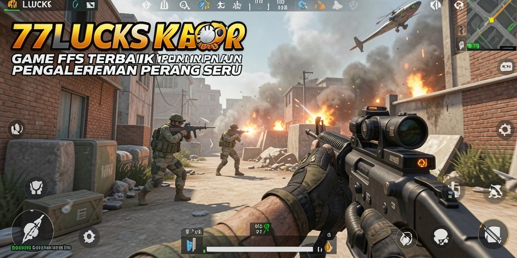 Screenshot utama 77LUCKS dengan tampilan dinamis gameplay FPS yang seru.