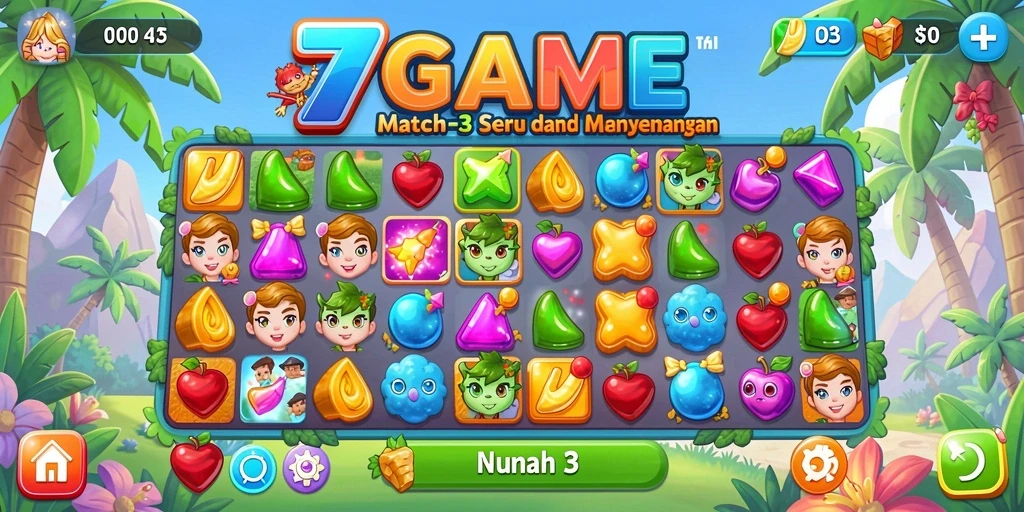Screenshot gameplay 7GAME menampilkan keseruan mencocokkan ikon dalam permainan Match-3.