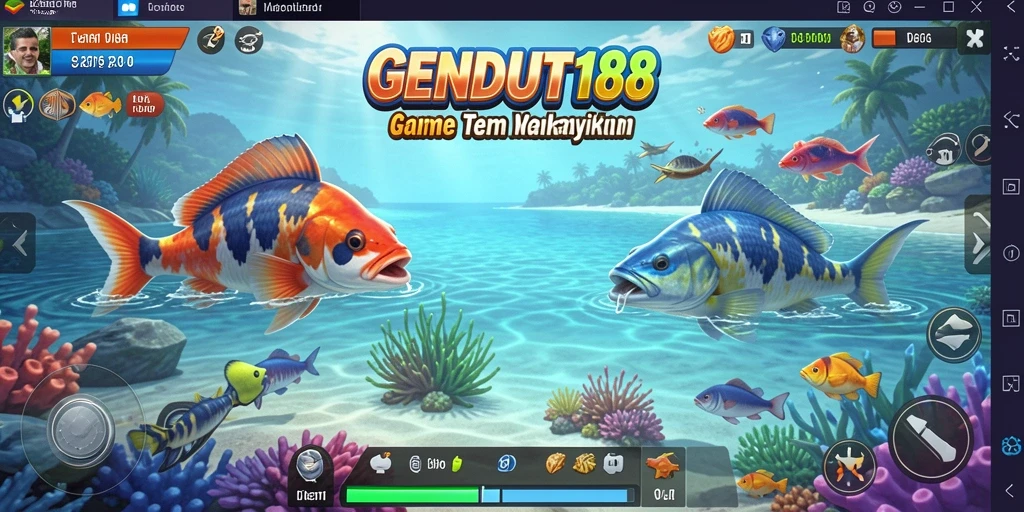 Tampilan gameplay GENDUT188 saat menembak ikan yang berwarna-warni.