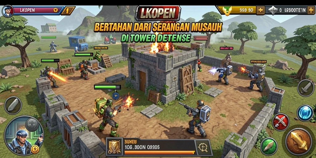 Tampilan gameplay seru di <strong>LKOPEN</strong> saat mempertahankan markas dari serangan musuh.