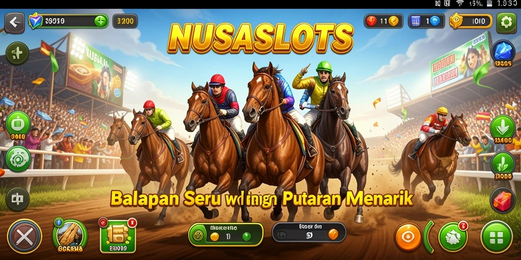 Tampilan gameplay seru dalam NUSASLOTS dengan balapan dan slot.