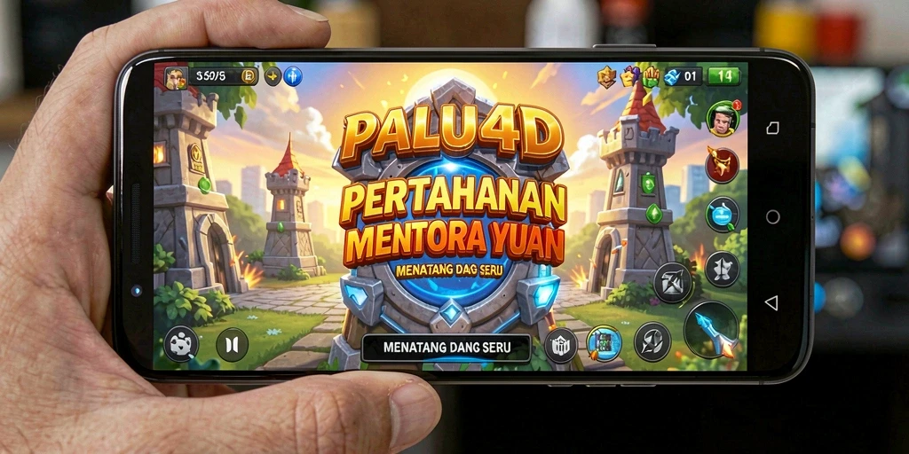 Tangkapan layar utama dari gameplay PALU4D menunjukkan menara pertahanan yang sibuk menghadapi musuh.