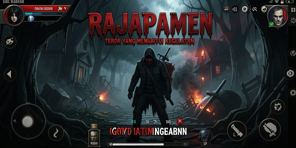 Tampilan menyeramkan dari gameplay RAJAPAMEN dengan efek suara yang mencekam.