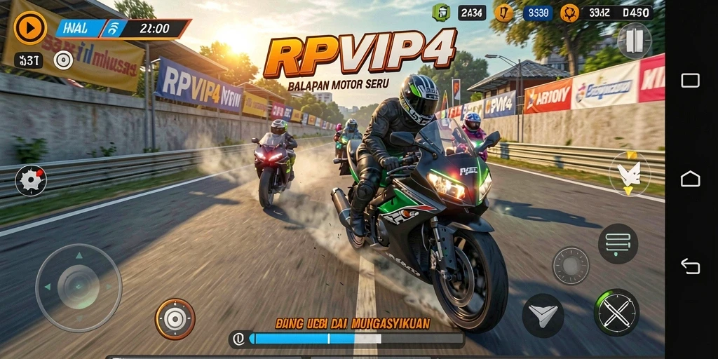 Screenshot RPVIP4 menampilkan aksi balapan mendebarkan di lintasan.