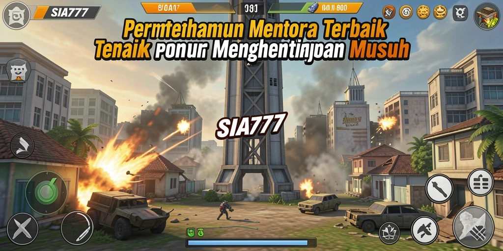 Gameplay SIA777 menampilkan menara pertahanan melawan gelombang musuh.