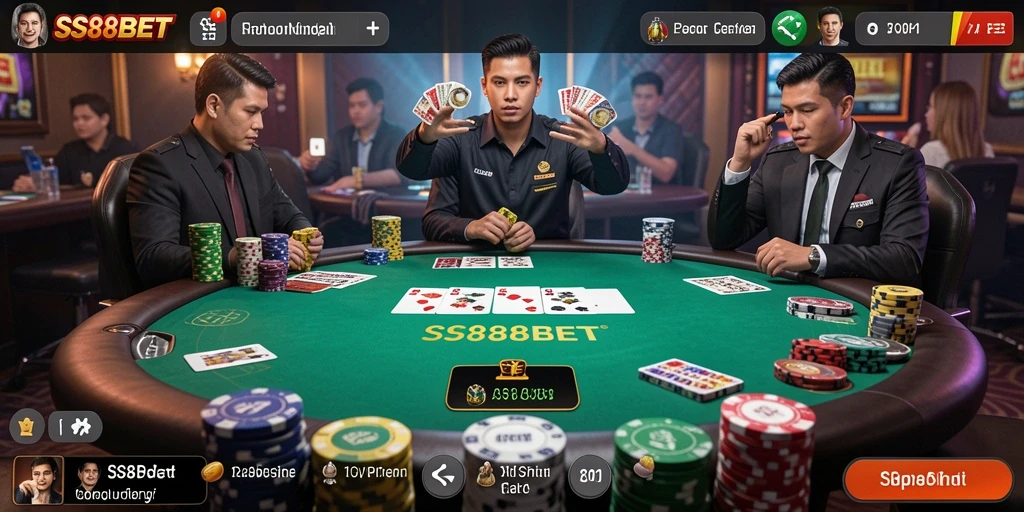 Screenshot gameplay SS88BET yang menampilkan suasana poker yang seru dan kompetitif.