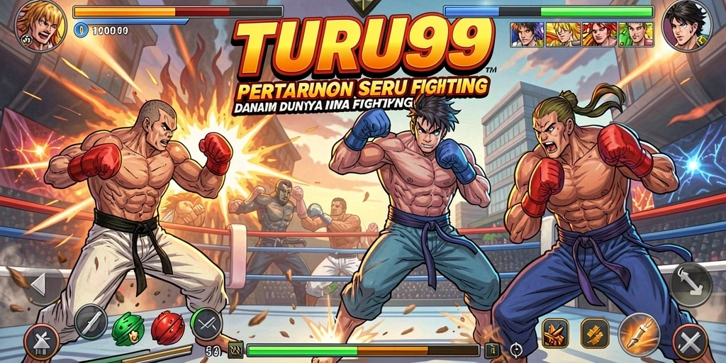 Tangkapan layar <strong>TURU99</strong> menampilkan aksi pertarungan yang seru dan karakter unik.