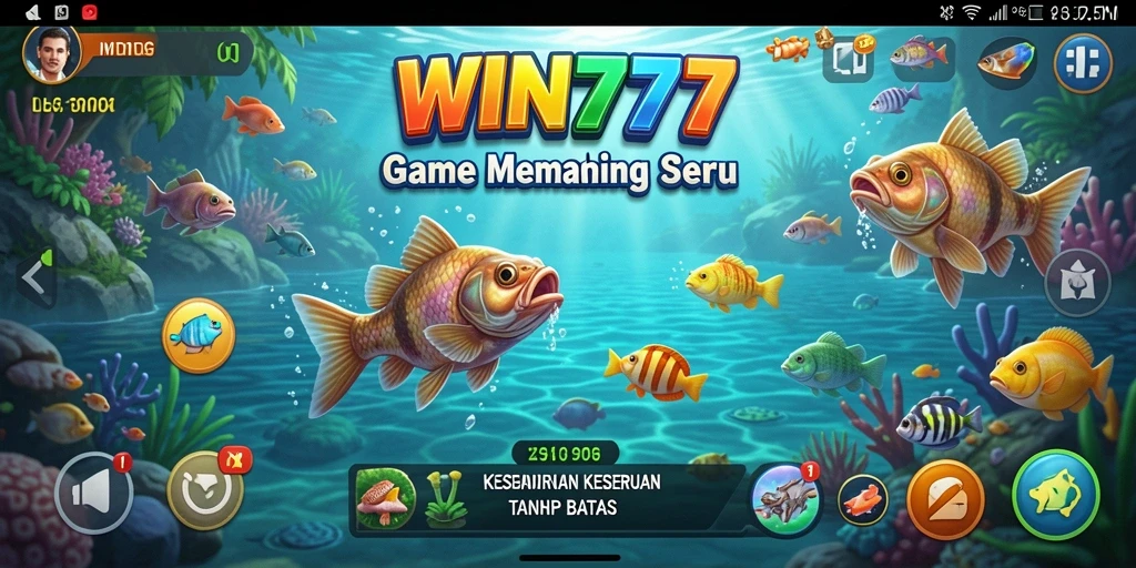 Screenshot gameplay WIN777 menunjukkan aksi memancing yang seru di lautan yang indah.