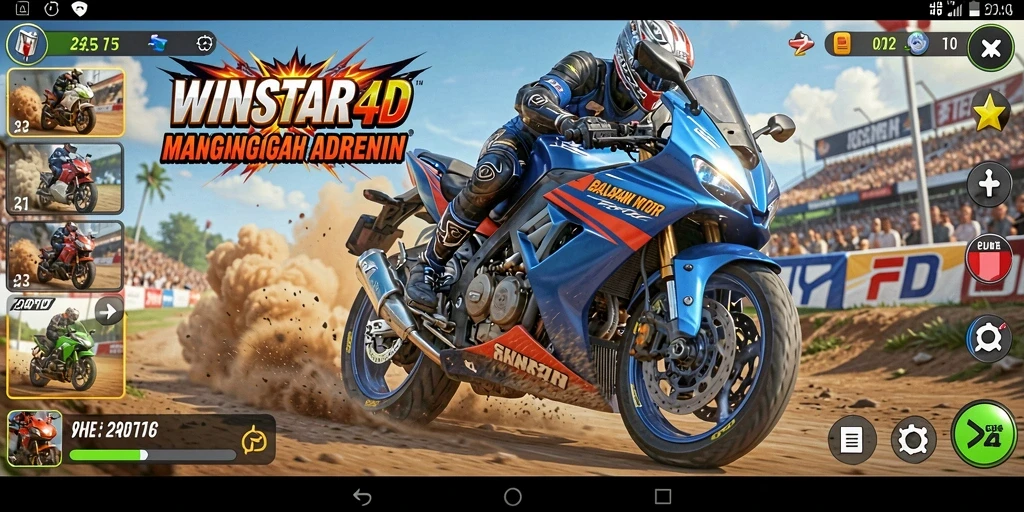 Screenshot utama WINSTAR4D menampilkan aksi balapan motor yang mendebarkan.